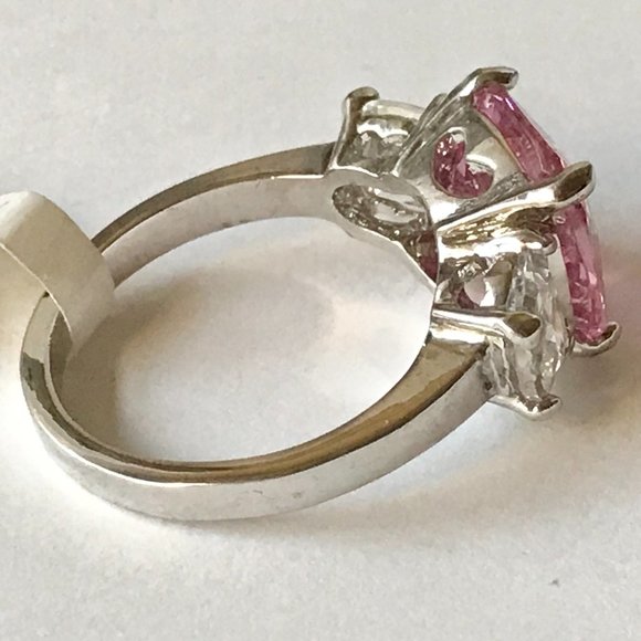 Silver Pink Cubic Zirconia Cocktail Ring Size 9 Plated Triplet Cushion Cut - Picture 7 of 12